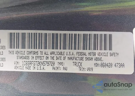2019 Ram 1500 из США, поврежденный, VIN 1C6SRFGT2KN579720